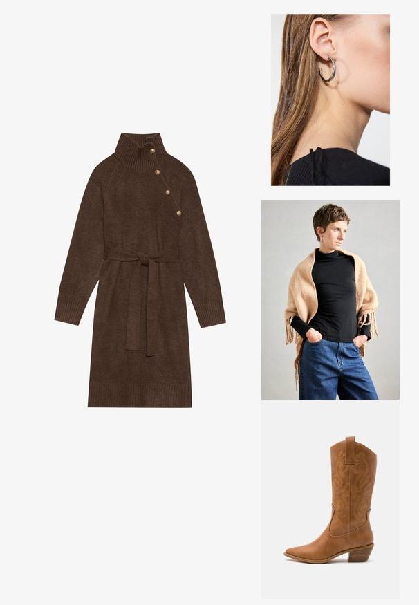 Beige wool shawl with fringed edges draped over a black turtleneck. Model stands with hands in pockets, against a neutral background.; Brown knitted sweater dress with a high ribbed collar, side buttons, and a matching fabric belt. Ribbed cuffs and hem add texture.; Tan leather cowboy boot with pointed toe, embroidered swirl patterns on shaft, and a stacked block heel. Features a pull tab for easy wear.; Silver hoop earring with a polished finish, featuring small gold accent details and a round shape, worn on the lobe.