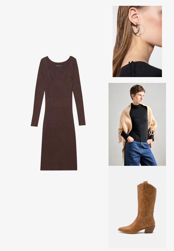 Sciarpa di lana beige con bordo frangiato appoggiata su un dolcevita nero. La modella si trova con le mani in tasca, su uno sfondo neutro.; Abito marrone a maniche lunghe con scollatura a barchetta e silhouette aderente. Presenta un dettaglio di cucitura a forma di V sul corpino.; Stivale cowboy in pelle marrone chiaro con punta affusolata, modelli ricamati a spirale sull'asta e tacco a blocco impilato. Presenta una linguetta per una facile calzata.; Orecchino a cerchio in argento con finitura lucida, caratterizzato da piccoli dettagli in oro e una forma tondeggiante, indossato sul lobo.