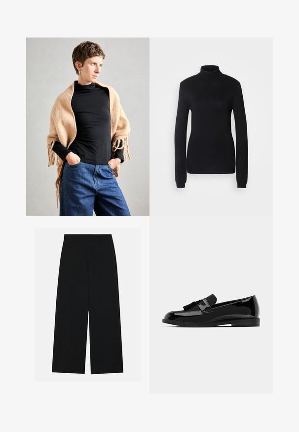 Beige Wollschal mit Fransen, über einem schwarzen Rollkragenpullover drapiert. Das Model steht mit den Händen in den Taschen vor einem neutralen Hintergrund.; Schwarzer Rollkragenpullover aus weichem Strickmaterial, mit langen Ärmeln und schmaler Silhouette sowie einem gerippten Kragen und Saum.; Schwarzweite Hosen mit weitem Bein aus glattem Stoff. Besitzt einen flachen Bund mit Gürtelschlaufen und ohne sichtbare Taschen. Schlichtes Design.; Schwarze Lackleder-Mokassins mit flachem Absatz, ausgestattet mit einem Quastenakzent und glatter Oberfläche, entworfen mit einer abgerundeten Zehe und subtiler Naht.