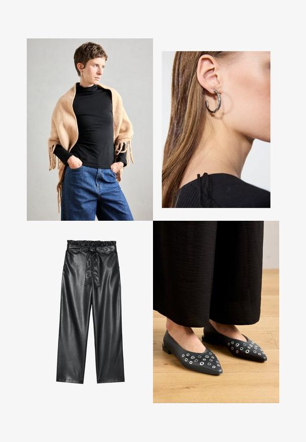 Sciarpa di lana beige con bordo frangiato appoggiata su un dolcevita nero. La modella si trova con le mani in tasca, su uno sfondo neutro.; Blusa bianca a maniche lunghe con colletto classico, chiusura frontale con bottoni e dettaglio arricciato sui lati. Tessuto liscio con una forma sartoriale.; Pantaloni wide-leg neri in pelle sintetica con elastico in vita arricciato e cintura staccabile. Texture liscia e finitura minimale.; Ballerine in pelle nera con punta affusolata, caratterizzate da inserti in metallo a forma di occhio di differenti dimensioni e un tacco quadrato basso. Texture liscia su pavimento in legno.; Orecchino a cerchio in argento con finitura lucida, caratterizzato da piccoli dettagli in oro e una forma tondeggiante, indossato sul lobo.