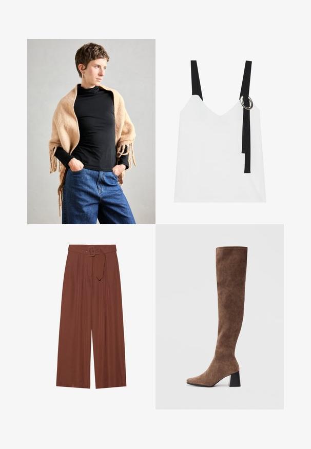 Beige wool shawl with fringed edges draped over a black turtleneck. Model stands with hands in pockets, against a neutral background.; White sleeveless top with a V-neck, featuring black straps and a silver ring detail. Smooth fabric and a modern, minimalist design.; Wide-leg trousers in brown fabric, featuring a belt with a square buckle, pleated design, and smooth texture.; Brown over-the-knee boots made of soft suede with a pointed toe and a chunky black heel. The design features seamless stitching for a sleek look.