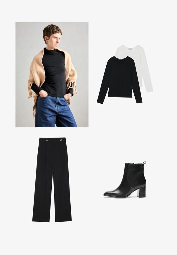 Bežinė vilnonė šala su pompoms, numesta ant juodo golfiuko. Modelis stovi su rankomis kišenėse, prieš neutralų foną.; Du suknelės su ilgomis rankovėmis, viena juoda ir viena balta, abi su kvadratiniu iškirpimu ir pagamintos iš minkštos, elastingos medžiagos.; Juodi plačios kojos kelnės su aukštu liemeniu, sagų detalėmis ant liemens ir priekinėmis raukšlėmis.; Juodos odinės aulinės botai su apvalia nosimi, vidutinio aukščio blokuotais kulnais ir kilpeliu gale. Lygi tekstūra, minimalistinis dizainas.