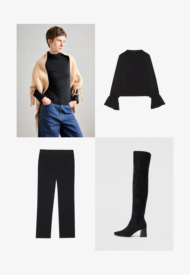 Sciarpa di lana beige con bordo frangiato appoggiata su un dolcevita nero. La modella si trova con le mani in tasca, su uno sfondo neutro.; Maglietta nera a maniche lunghe con polsini svasati, texture morbida e vestibilità rilassata, con un semplice collo rotondo.; Pantaloni neri con un design a gamba dritta, dotati di tasche laterali e una texture di tessuto liscia. Dettagli minimi, vita pulita.; Stivale in suede nero alto fino al ginocchio con tacco a blocco, punta affusolata e design liscio e senza cuciture su uno sfondo chiaro e semplice.