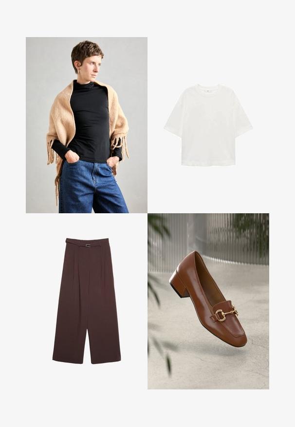 Bež volneni šal z resicami, premeščen preko črnega puloverja z visokim ovratnikom. Model stoji z rokami v žepih, pred nevtralno ozadjem.; Bela kratka majica s kratkimi rokavi in okroglim izrezom, sproščenega kroja, narejena iz mehkega materiala. Brez vzorcev ali dodatkov, z običajnim robom.; Stradivarius WIDE-LEG WITH BUCKLE DETAIL - Hlače - dark brown; Rjavi lakirani loafer z kvadratnim nosom, kovinsko verigo kot okrasom in nizko blok podplatom; gladka tekstura, minimalističen dizajn.