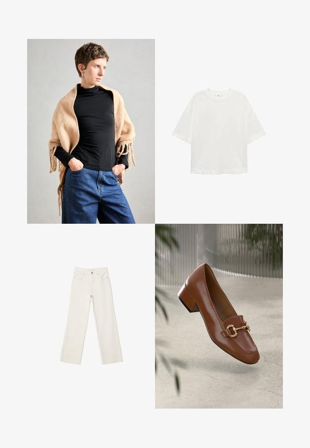 Bež volneni šal z resicami, premeščen preko črnega puloverja z visokim ovratnikom. Model stoji z rokami v žepih, pred nevtralno ozadjem.; Bela kratka majica s kratkimi rokavi in okroglim izrezom, sproščenega kroja, narejena iz mehkega materiala. Brez vzorcev ali dodatkov, z običajnim robom.; Beli široki traper hlače, izdelane iz denima, z visokim pasom, sprednjimi žepi in gumbnim zapiranjem. Čista zasnova z minimalnimi detajli.; Rjavi lakirani loafer z kvadratnim nosom, kovinsko verigo kot okrasom in nizko blok podplatom; gladka tekstura, minimalističen dizajn.