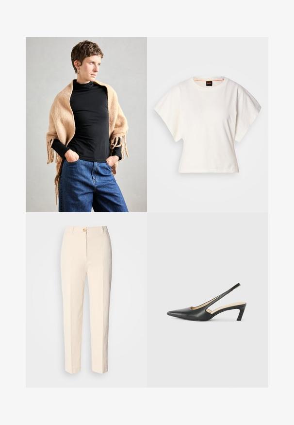 Beige Wollschal mit Fransen, über einem schwarzen Rollkragenpullover drapiert. Das Model steht mit den Händen in den Taschen vor einem neutralen Hintergrund.; Weißes, kurzes T-Shirt, kurze weite Ärmel, weicher Baumwollstoff, runder Ausschnitt mit subtilen orangefarbenen Akzenten, minimales Design, keine Muster oder Grafiken.; Cremfarbene, hochtaillierte Hose aus strukturiertem Stoff. Mit einem Knopfverschluss vorne und schmal zulaufenden Beinen.; Schwarzer spitz zulaufender Slingback-Schuh mit niedrigem Absatz, der aus glattem Leder gefertigt ist und seitliche Ausschnitte für Atmungsaktivität aufweist.