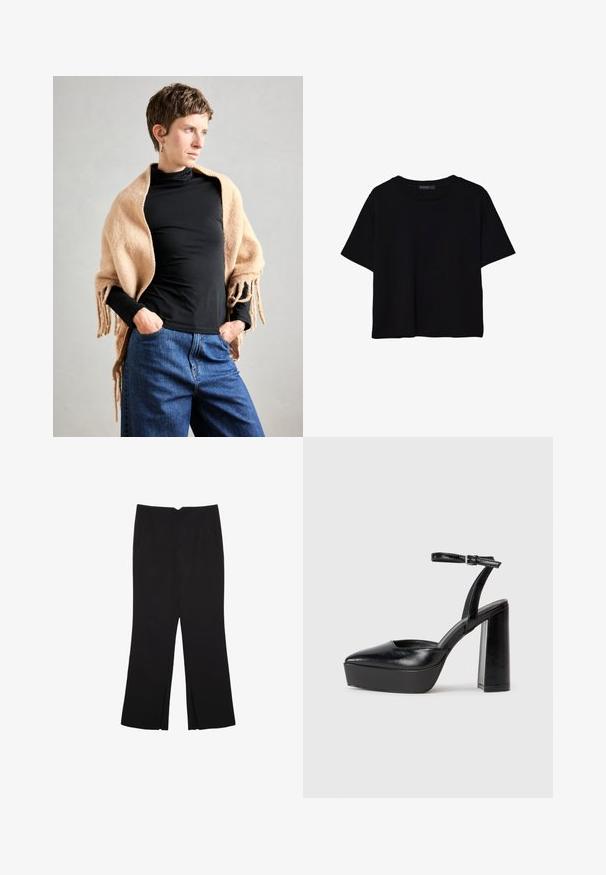 Beżowy wełniany szal z frędzlami zarzucony na czarny golf. Modelka stoi z rękami w kieszeniach, na neutralnym tle.; Czarna koszulka z krótkim rękawem wykonana z bawełny. Posiada okrągły dekolt i luźny krój z gładką, jednolitą teksturą. Brak widocznych wzorów lub akcentów.; Czarne spodnie o prostym kroju, z przednimi kieszeniami i bocznymi rozcięciami na dole. Wykonane z miękkiego, gładkiego materiału. Odpowiednie na różne okazje.; Czarne platformy na wysokim obcasie z szpiczastym noskiem i regulowanym paskiem na kostkę. Wykonane z gładkiej skóry, z grubym słupkowym obcasem.