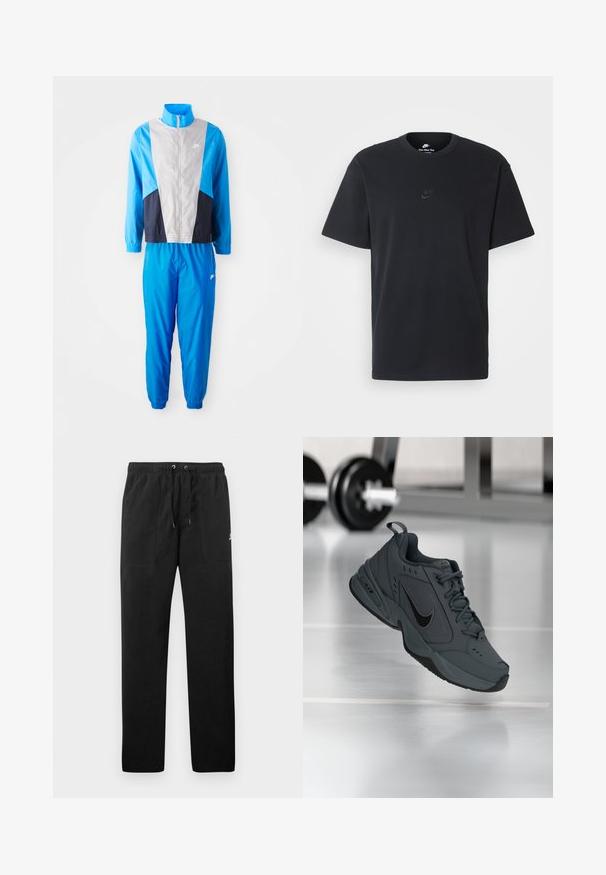 Zils un pelēks sporta uzvalks ar jaku, kas aizveras ar rāvējslēdzēju, ar krāsu bloku dizainu, elastīgām aprocēm un saskaņotām biksēm ar potīšu aprocēm un logotipa detaļu.; Nike melns kokvilnas T-krekls ar klasisku piegriezumu, īsām piedurknēm un smalku, reljefu logotipu uz krūškurvja. Gluda tekstūra.; Melnas sporta bikses, izgatavotas no flīsa, ar elastīgu jostasviedi un auklām, diviem priekšējiem kabatām un nelielu logo uz augšstilba.; Tumši pelēki Nike Air Monarch sporta apavi, kas karājas iekštelpās, fona izplūdušas sporta svari uz spīdīga grīdas.