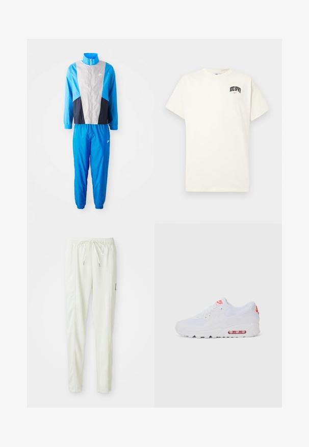 Zils un pelēks sporta uzvalks ar jaku, kas aizveras ar rāvējslēdzēju, ar krāsu bloku dizainu, elastīgām aprocēm un saskaņotām biksēm ar potīšu aprocēm un logotipa detaļu.; Kremkrāsas kokvilnas T-krekls ar īsām piedurknēm, ar uzrakstu "NIKE SB" melnā un sarkanā krāsā uz krūtīm. Standarta apaļa apkakle.; Baltas slaida griezuma bikses ar elastīgu jostu un auklu, ar sānu šuvēm un mazu melnu uzlīmi labajā kājā.; Baltas sporta apavi ar gludu augšdaļu, saitēm, mīkstu zoli un redzamu gaisa vienību ar sarkaniem akcentiem uz zīmola.