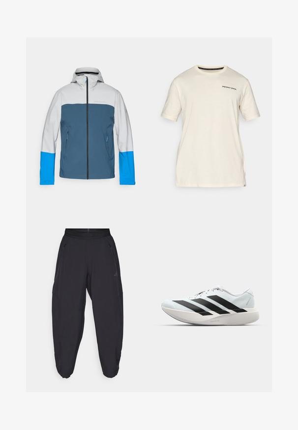 Veste imperméable avec un haut gris, un milieu bleu et des manches bleu vif. Comprend une fermeture éclair à l'avant et deux poches latérales.; T-shirt en coton couleur crème avec des manches courtes. Présente un petit logo noir imprimé sur le côté gauche de la poitrine et un col rond.; Pantalons de sport noirs avec taille élastique, poches latérales zippées, jambes fuselées et logo discret sur la cuisse droite.; Baskets de course légères en bleu pâle avec des rayures noires. Elles présentent un dessus lisse, un embout rond et une semelle intermédiaire blanche épaisse étiquetée "LIGHTSTRIKE PRO".