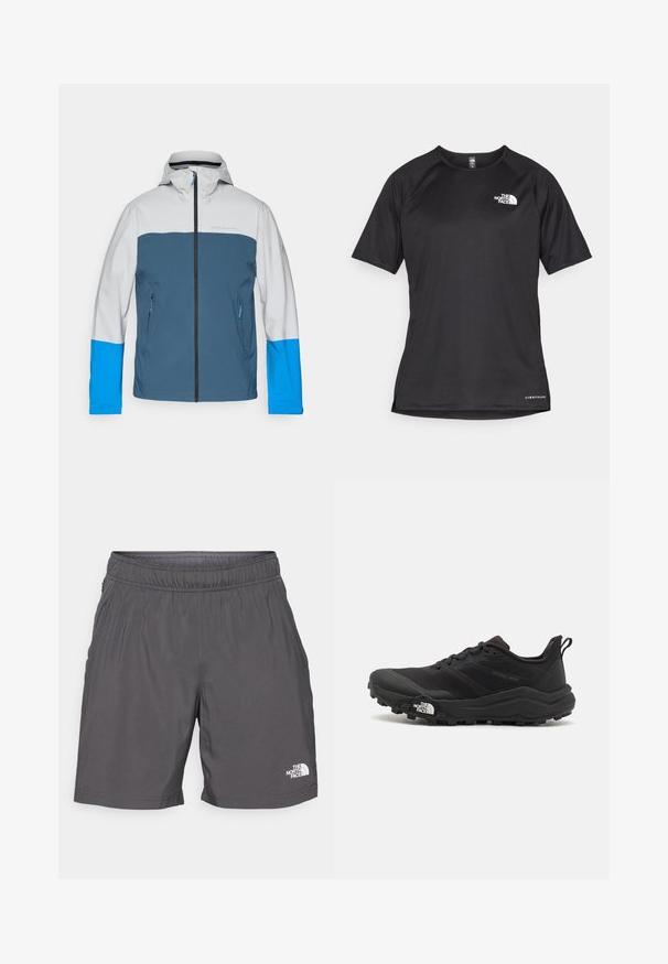 Wasserdichte Jacke mit grauem Oberteil, blauem Mittelteil und hellblauen Ärmeln. Verfügt über einen Reißverschluss vorne und zwei Seitentaschen.; Schwarzes kurzärmliges Sportshirt aus strukturiertem Stoff, mit einem weißen Logo auf der linken Brust und einem geraden Saum.; Graue, leichte Shorts mit elastischem Bund, Seitentaschen und einem kleinen weißen Logo am unteren linken Bein. Glatte Textur und lässiges Design.; Schwarzer Trailrunning-Schuh mit strukturiertem Obermaterial, Gummisohle und verstärkter Zehenkappe. Verfügt über einen gepolsterten Kragen und eine Ziehlasche für einfaches Anziehen.