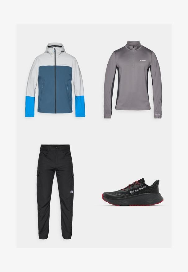 Vodoodporna jakna s sivo zgornjim delom, modrim srednjim delom in svetlo modrimi rokavi. Ima sprednji zadrge in dva stranska žepa.; Siv grey pulover s dolgimi rokavi in pol zadrgo, teksturirana tkanina, kontrastni črni bočni paneli in majhna oznaka na prsih.; The North Face HORIZON PANT - Hlače za na prostem - black; Črne atletske čevlje s teksturiranim zgornjim delom, rdečimi vezalkami in logotipom. Debel podplat s patternom za boljši oprijem. Minimalistična zasnova, stranski pogled.