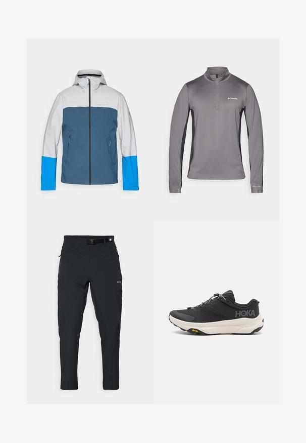 Waterdichte jas met een grijze bovenkant, een blauwe middenstuk en felblauwe mouwen. Heeft een rits aan de voorkant en twee zijzakken.; Grijze lange mouwen pullover met halve ritssluiting, textuur stof, contrasterende zwarte zijpanelen en klein logo op de borst.; Columbia ESSENTIAL HIKE™ PANT - Outdoorbroeken - black; Zwarte sportschoen met een gestructureerde bovenkant, grijze accenten, reflecterende details en een dikke witte zool met Vibram-logo.