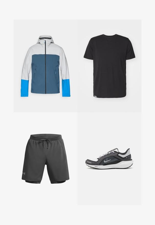 Vattentät jacka med grå överdel, blå mittdel och klara blå ärmar. Har en framsida med dragkedja och två sidofickor.; Svart kortärmad t-shirt i ett mjukt bomullsmaterial, med rundad halsringning och en liten etikett vid den nedre vänstra sömmen.; Mörkgrå sportshorts med elastisk midja, justerbar dragsko och inre meshnätfoder; har subtil märkning på vänster ben.; Svart och grå atletisk sko med ovandel i mesh, reflexdetaljer och en vit mellansula. Har en strukturerad gummisula och skosnören.