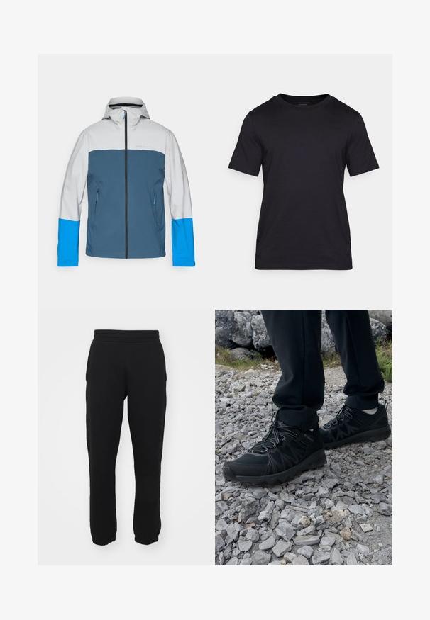 Vesitiivis takki, millel on hall ülaosa, sinine keskmine osa ja erksinised varrukad. Omab eesmist lukku ja kahte külgtaskut.; Mustat T-paidat, jotka on valmistettu sileästä kankaasta, jossa on pyöreä kaula-aukko ja lyhyet hihat. Huomaamaton brändäys painettuna mustana rintaan.; Mustat collegehousut, jotka on valmistettu puuvillasekoitteesta. Niissä on joustava vyötärö, kapenevat lahkeet ja ribbireunat nilkoissa. Yksinkertainen muotoilu, ei kuvioita.; Mustat ulkokengät, joissa on verkko- ja synteettinen materiaali, teksturoitu päällinen, varma nauhoitusjärjestelmä ja kestävä pohja kivikkoisella maastolla.