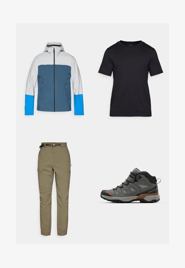 Jachetă impermeabilă cu partea superioară gri, mijloc albastru și mâneci albastre strălucitoare. Include un fermoar frontal și două buzunare laterale.; Tricou negru dintr-un material neted, cu guler rotund și mâneci scurte. Branding subtil imprimat în negru pe piept.; Pantaloni de culoare verde măsliniu, confecționați dintr-un material texturat, având o curea, buzunare laterale și manșete elastice la glezne.; Sneakers outdoor mid-cut din plasă gri și nubuc, cu talpă din cauciuc, sistem de închidere cu șireturi și accente portocalii, concepute pentru durabilitate și confort.