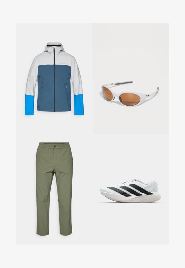 Waterproof jacket with a gray top, blue middle, and bright blue sleeves. Features a front zipper and two side pockets.; Black T-shirt made of smooth fabric, featuring a crew neckline and short sleeves. Subtle branding printed in black on the chest.; Olive green trousers made of lightweight fabric, featuring an elastic waistband, a button closure, and straight-leg cut with no visible patterns.; Lightweight running shoes in pale blue with black stripes. Features a smooth upper, round toe, and thick white midsole labeled "LIGHTSTRIKE PRO."; White sunglasses with brown lenses, oval shape, made of smooth plastic, featuring gray accents on the arms and a logo on the frame.