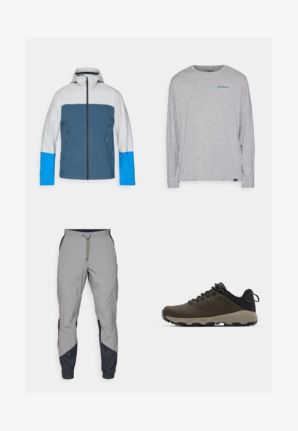 Waterdichte jas met een grijze bovenkant, een blauwe middenstuk en felblauwe mouwen. Heeft een rits aan de voorkant en twee zijzakken.; Lichtgrijze longsleeve t-shirt van zacht, textuurstof. Heeft een ronde hals en een klein blauw Patagonia-logo op de borst.; Lichte, grijze sportbroek met zwarte accenten. Elastische tailleband, trekkoordsluiting, taps toelopend ontwerp en zijzakken.; Bruine waterdichte sneakers met een gestructureerde bovenkant, geperforeerde accenten, zwarte hielsteun en een grijze rubberen zool. De veters zijn voorzien van metalen uiteinden.