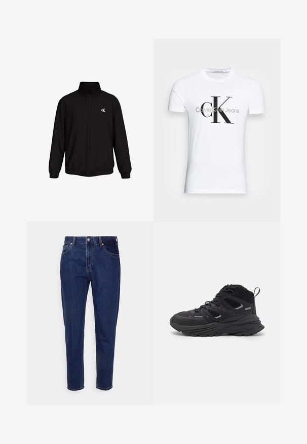 Svart zip-jacka med hög krage, elastiska muddar och fåll, med en liten vit logotyp på vänster bröst. Slät textur.; Vit bomulls t-shirt med en svart "CK"-logotyp och texten "Calvin Klein Jeans", korta ärmar och en klassisk rund halsringning.; Mörkblå denimjeans med rak bendesign, fem fickor och knäppning med knapp. Har subtila blekningar och sömdetaljer.; Svarta vandringsskor med ett flerskiktat mönster, texturerat tyg och gummisula, med förstärkta områden och snörning fram.