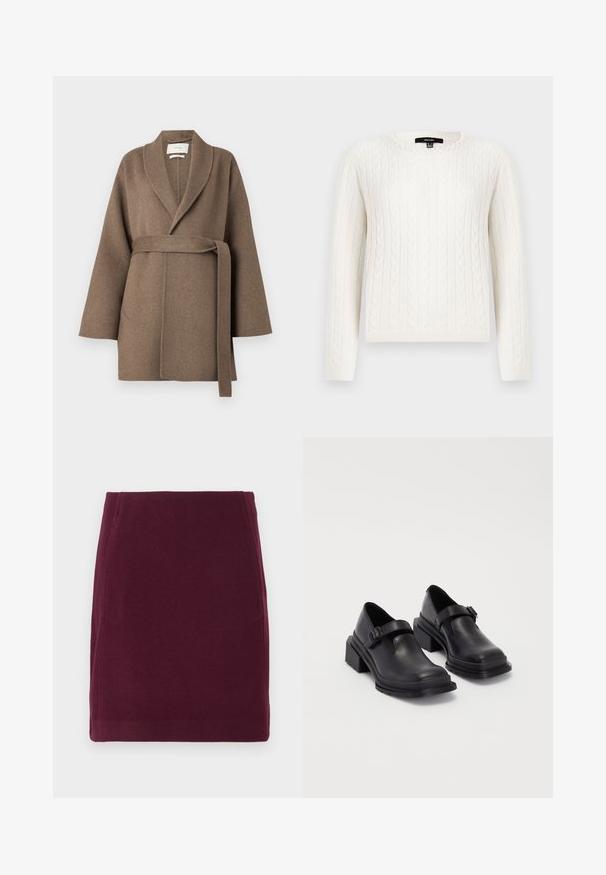 Brun uldfrakke med sjalskrave, bæltemidje og brede ærmer. Har to frontlommer og en blød tekstur.; Hvid kabelstrikket sweater med lange ærmer, rund halsudskæring og en dekorativ perleaccent ved kraven. Blød tekstur og tætsiddende design.; Vero Moda VMFORTUNALLISON SHORT - A-snit nederdel - winetasting; Sorte lædersko med rund tå, flad sål og en rem med spænde detaljer. Chunky blokhæl for øget stabilitet.