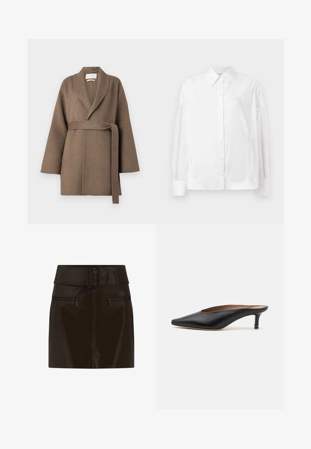 Bruin wollen jas met een sjaalkraag, een ceintuur in de taille en wijde mouwen. Heeft twee voorzakken en een zachte textuur.; Witte langemouwige button-up shirt in een gladde katoenmix. Voorzien van een klassieke kraag, een knoopsluiting aan de voorkant en afgeronde manchetten.; Bruine faux leren mini rok met een brede tailleband, vierkante gesp en twee ritszakken aan de zijkanten. Glad, glanzend textuur.; Zwarte leren muiltjes met een puntige neus en een lage, blokhak. Glad oppervlak met een gestroomlijnd ontwerp. Open achterkant met minimale details.