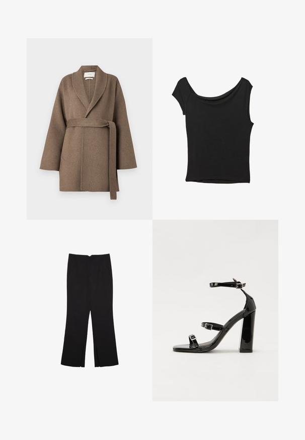 Brauner Wollmantel mit Schalkragen, tailliertem Gürtel und weitem Ärmel. Verfügt über zwei vordere Taschen und eine weiche Textur.; Schwarzes Kurzarmoberteil aus glattem Stoff; hat einen drapierten Ausschnitt und einen asymmetrischen Saum, mit einem figurbetonten Körper.; Schwarze Hose mit geradem Schnitt, ausgestattet mit Fronttaschen und Seitenschlitzen am Saum. Hergestellt aus weichem, glattem Stoff. Geeignet für verschiedene Anlässe.; Schwarze patentierte Sandalen mit Absatz, quadratischer Spitze, Knöchelriemen und silbernen Schnallen. Mit einem stabilen Blockabsatz für mehr Stabilität.