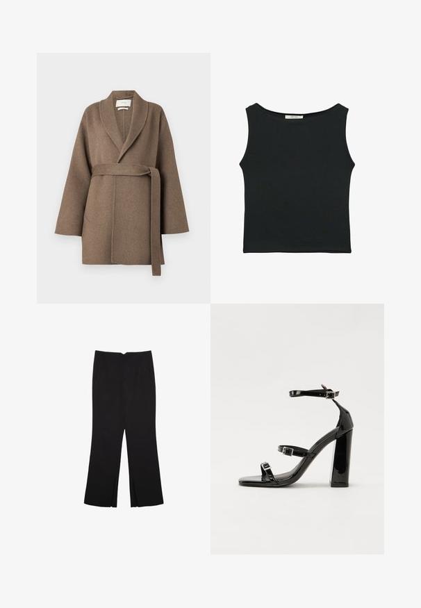 Rjava volnena jakna s plaščastim ovratnikom, pasom in širokimi rokavi. Ima dva sprednja žepa in mehak material.; Črn brezrokavnik iz gladkega materiala, z okroglim izrezom in prilegajočim krojem, brez vidnih vzorcev ali okrasnih elementov.; Črne hlače ravnega kroja z naglavnimi žepi in stranskimi razporki na robu. Narejene iz mehke, gladke tkanine. Primerne za različne priložnosti.; Črne lakirane sandale s peto, kvadratnim prstom, trakovi okrog gležnja in srebrnimi zaponkami. Opremljene so s stabilno Debelo peto.