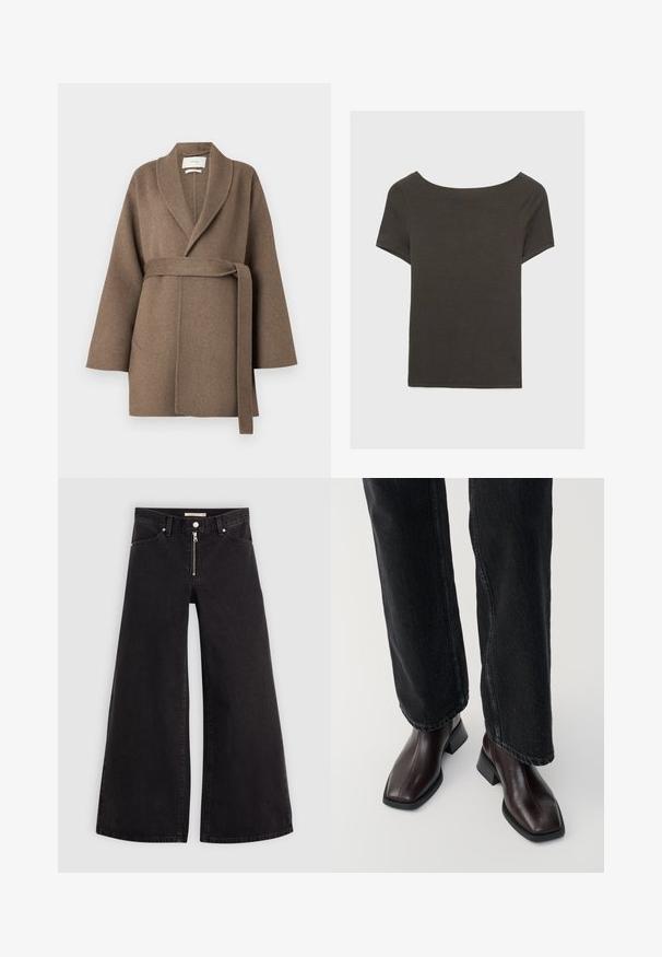 Hnědý vlněný kabát s šálovým límcem, páskem v pase a širokými rukávy. Má dvě přední kapsy a jemnou texturu.; Tmavě šedý top s krátkým rukávem a lodičkovým výstřihem. Vyrobený z ribovaného materiálu, s volnějším střihem a čistým lemem. Jednoduchý design, bez vzorů.; Džíny s širokými nohavicemi v černém denimovém provedení se zipem vpředu, pěti kapsami a jemnými švy. Hladká textura a ležérní styl.; Hnědé kožené kotníkové boty se čtveratým špičkou a širokým podpatkem, kombinované s černými širokými riflovými kalhotami. Hladká textura a minimalistický design.