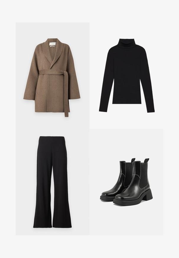 Brun ullkappe med sjal-krage, belted midje og vide ermer. Har to frontlommer og en myk tekstur.; Svart høyhalset langermet topp, laget av ribbestrikket stoff, har en tettsittende design med høy hals og uten mønstre eller dekorasjoner.; Sorte vide bukser med høj talje og glat stof mod en neutral hvid baggrund.; Sorte lær Chelsea støvler med en kraftig hæl, elastiske sidepaneler og kontrasterende hvid syning. Teksturert overflate.