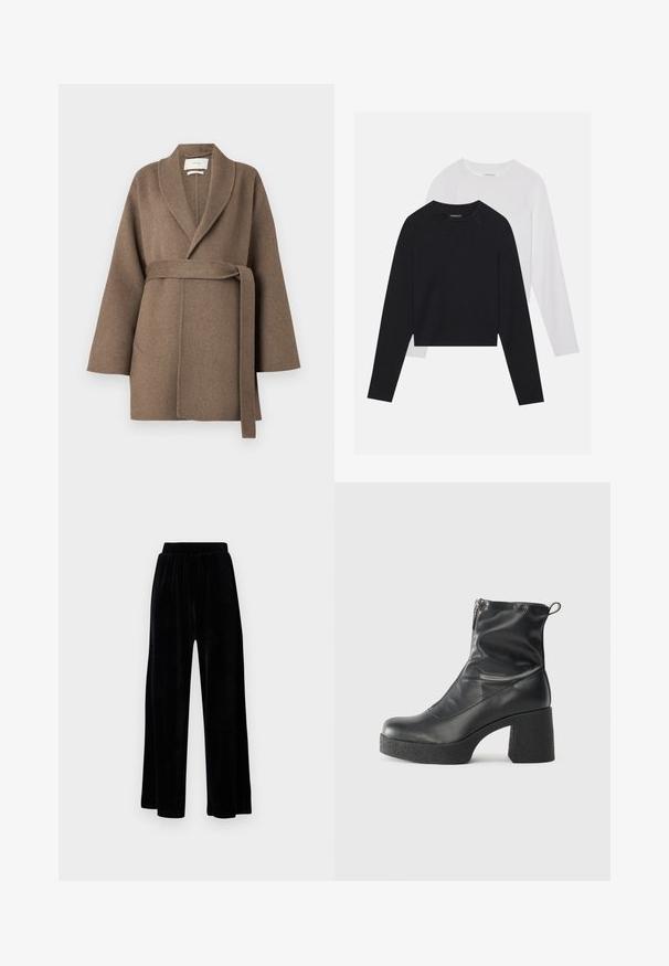 Cămașă de lână maro cu guler tip șal, talie cu curea și mâneci largi. Are două buzunare frontale și o textură moale.; Două cămăși cu mâneci lungi: una neagră și una albă. Ambele au guler rotund, mâneci raglan și sunt realizate dintr-un amestec moale de bumbac.; Pantaloni negri cu picioare largi, din catifea moale, prevăzuți cu un corset elastic și o textură fină, fără detalii sau modele vizibile.; Bocanci negri de glezna din piele netedă, cu fermoar lateral, toc texturat și masiv, și design cu vârf rotund.