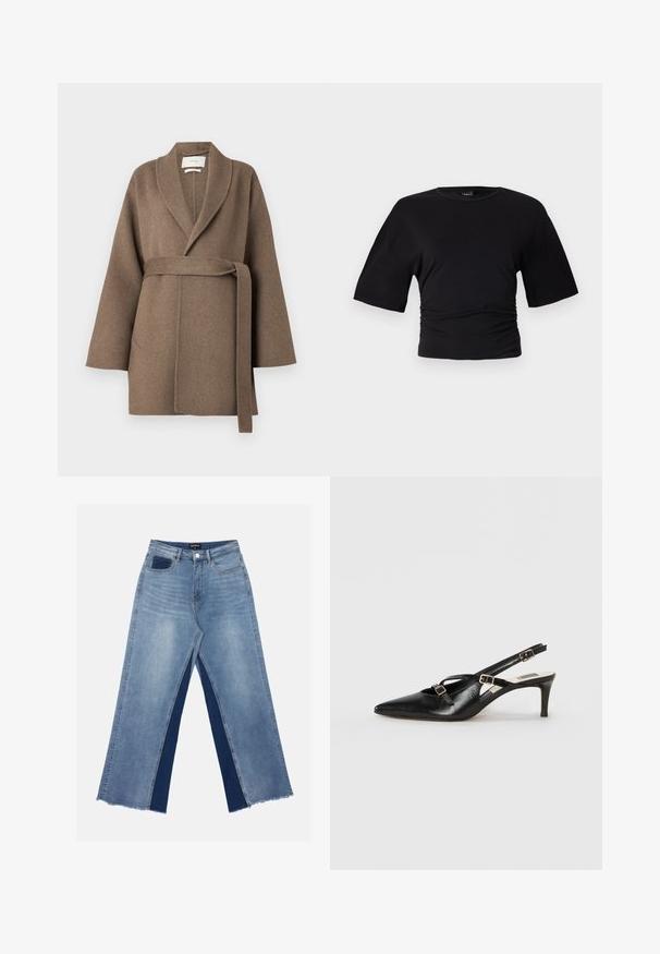 Brun uldfrakke med sjalskrave, bæltemidje og brede ærmer. Har to frontlommer og en blød tekstur.; Gina Tricot SOFT TOUCH RUCHED TEE - T-shirts basic - black; Lyseblå breddejeans med kontrasterende mørkeblå paneler, frynset kant og en standard talje med metal knaplukning.; Sort læderslippersko med spids tå, der har tynde stropper og metalliske spænder, på en 6 cm taperet hæl. Glat tekstur.