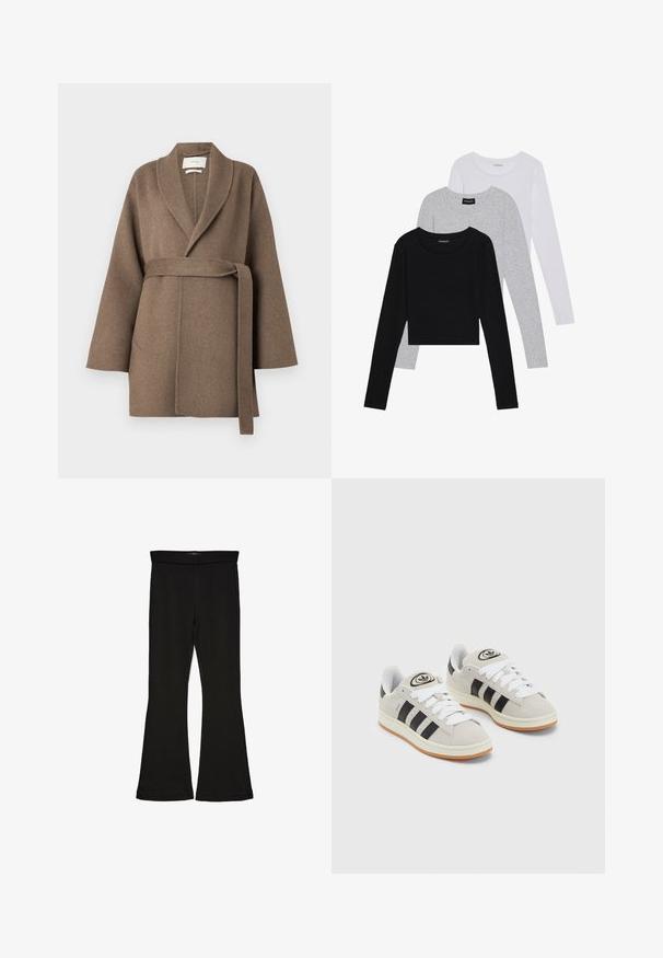 Brūns vilnas mētelis ar šallē līdzīgu apkakli, jostu viduklī un platām piedurknēm. Iespējotas divas priekšējās kabatas un mīksta tekstūra.; Trīs garām piedurknēm veidotas augšdaļas, sakrautās: melna, pelēka un balta. Katram ir noapaļots kakla izgriezums un īsa dizaina forma ar gludu, vieglu audumu.; Melnas flared leggings, kas izgatavotas no stiepjama auduma. Iezīmējas ar platu jostasvietu un gludu tekstūru, ar pieguļošu siluetu, kas paplašinās pie apakšmalas.; Pelēkas zamšādas kedas ar baltām saites, melnām svītrām un baltu gumijas zoli. Raksturīga apļa logo uz mēles un gumijas zole.