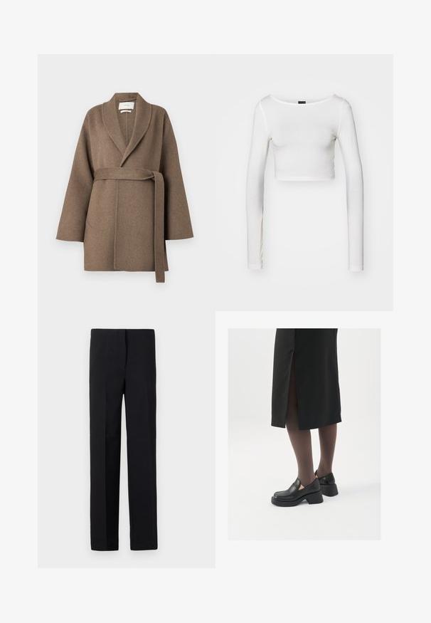 Cappotto in lana marrone con colletto a scialle, vita cintata e maniche ampie. Presenta due tasche frontali e una consistenza morbida.; Gina Tricot SOFT TOUCH CROPPED TOP - Maglietta a manica lunga - pristine; Pantaloni neri su misura con taglio dritto, caratterizzati da una texture liscia e senza motivi visibili. Vita standard e finitura pulita.; Scarpe in pelle nera con punta arrotondata, tacco spesso a blocco e accenti laterali in elastico, abbinate a collant scuri e una gonna nera con uno spacco.