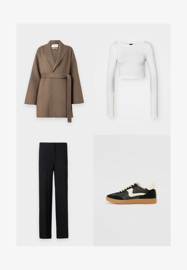 Manteau en laine marron avec un col châle, une taille cintrée par une ceinture et des manches larges. Dispose de deux poches frontales et d'une texture douce.; Gina Tricot SOFT TOUCH CROPPED TOP - T-shirt à manches longues - pristine; Pantalons noirs ajustés à coupe droite, avec une texture lisse et sans motifs visibles. Taille standard et finition soignée.; Baskets en daim et cuir noir avec un swoosh latéral crème et un talon crème clair. Dotées de lacets beige et d'une semelle en caoutchouc gomme.
