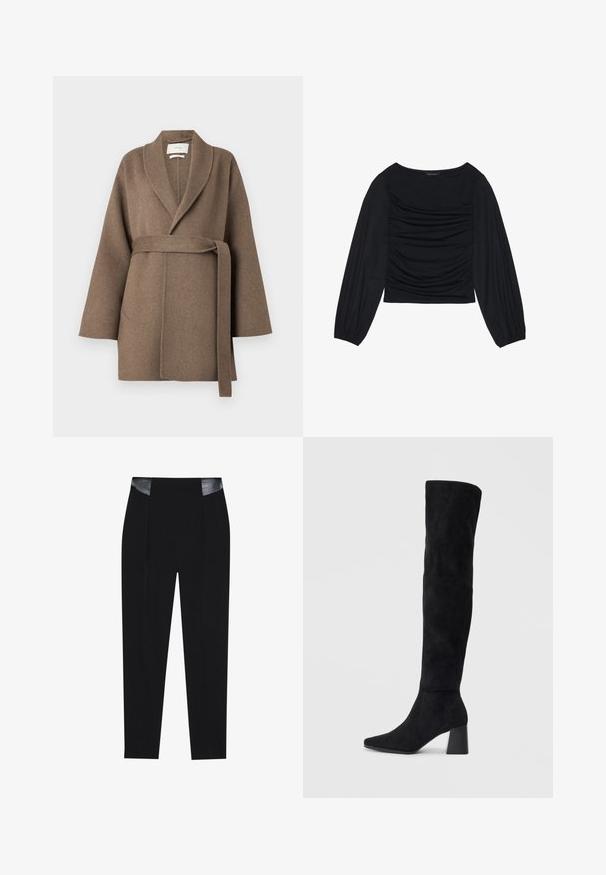 Cămașă de lână maro cu guler tip șal, talie cu curea și mâneci largi. Are două buzunare frontale și o textură moale.; Top lung cu maneci lungi, de culoare neagră, având detalii din material plisat în față și la încheieturi, realizat dintr-un material moale și elastic, cu decolteu tip barcă.; Pantaloni negri made-to-measure cu un design elegant, pliuri în față și accente lucioase din piele neagră la talie. Textură de stofă netedă.; Cizme negre din suede, cu toc bloc, vârf ascuțit și un design neted, fără cusături, pe un fundal deschis.