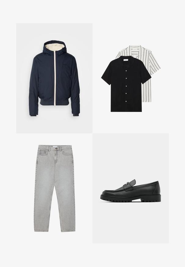 Jūras spēku pufers jakas ar kapuci, ar krēmu krāsas rāvējslēdzēju un apkakles oderi, elastīgiem piedurkņu galiem un ribinātu apakšmalu. Melns logo krūtīs.; Divi īsām piedurknēm krekli: viens pilnīgi melns, otrs balts ar melnām vertikālām svītrām. Abi ir aprīkoti ar pogu aizdari un klasisko apkakli.; Gai pelēko džinsu bikses ar taisnajām kājām, piecu kabatu stilu un pogu aizdari. Redzama šuvju apstrāde gar šuvēm.; Melnas ādas loafers ar noapaļotu purngalu, ar izšūtu dizainu, zemu platformas zoli un teksturētu, rievotu gumijas ārējo zoli.