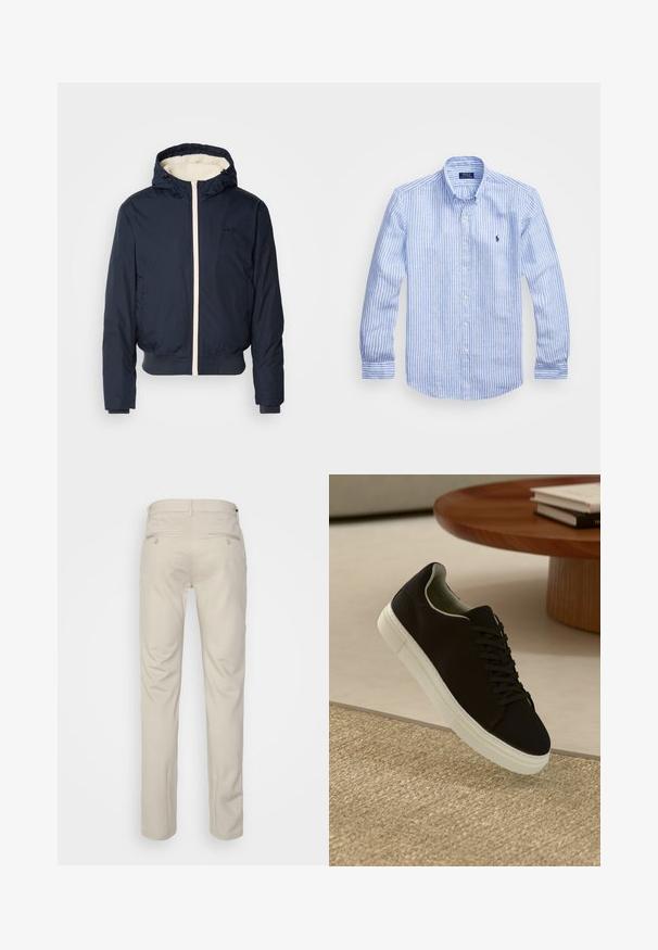 Jūras spēku pufers jakas ar kapuci, ar krēmu krāsas rāvējslēdzēju un apkakles oderi, elastīgiem piedurkņu galiem un ribinātu apakšmalu. Melns logo krūtīs.; Zila un baltā svītru garām piedurknēm krekls izgatavots no kokvilnas, ar pogājamu apkakli, priekšējām pogām un nelielu izšūtu logotipu uz krūtīm.; Bežīgas bikses ar gludu tekstūru, taisnas kājas, divas aizmugurējās kabatas ar pogām un standarta jostas vietu.; Melni sporta apavi ar baltu zoli, kas peld virs bēša tekstūrēta paklāja netālu no apaļa koka galda ar sakrautiem grāmatām.