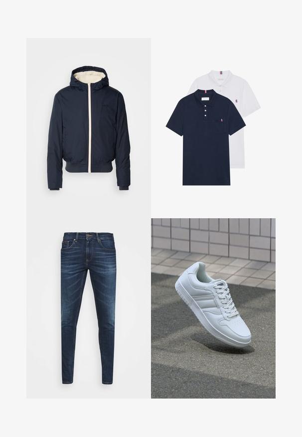 Navy puffer jacket with a hood, features a cream zipper and collar lining, elastic cuffs, and a ribbed hem. Black logo on the chest.; Two polo shirts: one navy blue and one white, both with a small red, white, and blue accent on the chest pocket and collar.; Dark blue denim jeans with a slim fit, subtle fade, five pockets, and a metal button closure. Stitched accents in contrasting color.; White athletic sneaker with smooth leather upper, lace-up front, perforated toe, and patterned sole. Minimalist design with three side stripes.