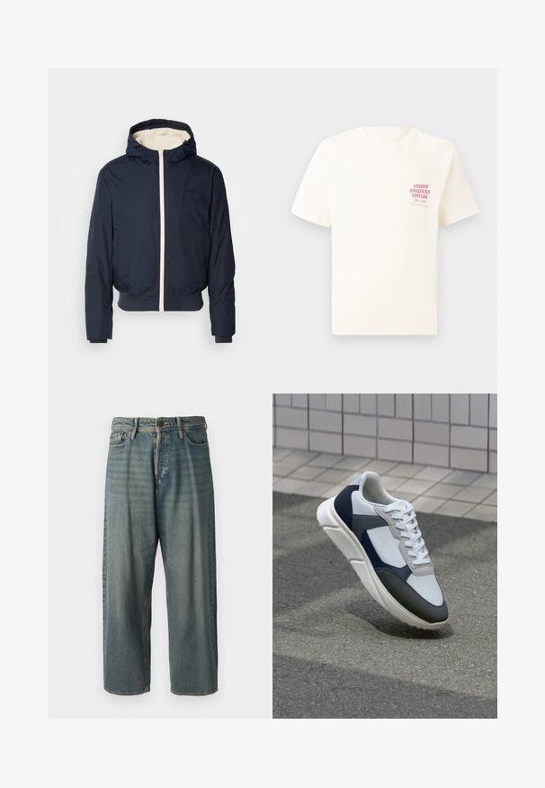 Námornícka puffer bunda s kapucňou, ktorá má smotanový zips a golier, elastické manžety a rebrovaný lem. Čierne logo na hrudi.; Biele tričko s krátkym rukávom s červeným textom "Studio Originals Edition" na ľavej hrudi, zobrazené na neutrálnom šedom pozadí.; Svetlomodré denimové nohavice so voľným strihom, stredne vysokým pásom a rovnými nohavicami. Obsahujú päť vreciek, pútka na opasok a zapínanie na gombík.; Biele, námornícke a šedé tenisky s kombinovaným materiálom, so štruktúrovaným zvrškom, plochými šnúrkami a polstrovanou podošvou.