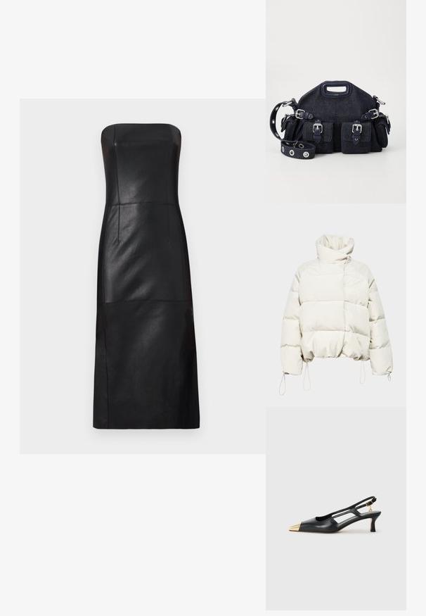 Won Hundred FELLOWS - Winter jacket - moonstruck; Maje REATHER - Cocktail dress / Party dress - noir; Black leather slingback shoe with a pointed toe and gold metallic cap. Features cut-out design and a slender heel with an adjustable strap.; Dark blue denim bag with a rounded shape, multiple exterior pockets, adjustable strap, and silver hardware accents. Top handle included.