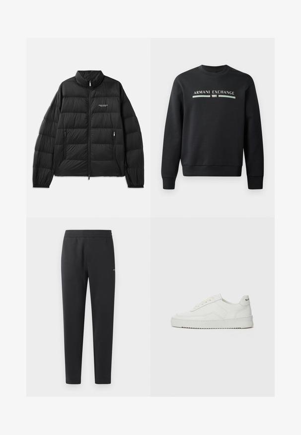 Casaco puffer preto com design acolchoado, gola alta, fecho frontal inteiro e dois bolsos com fecho. Apresenta o logótipo no lado esquerdo do peito.; Sweatshirt preto feito de tecido suave. Possui um decote redondo e mangas longas. A parte da frente exibe "ARMANI EXCHANGE" e "1991" em cores contrastantes.; Calças de treino pretas feitas de tecido suave, com um cós elástico, pernas retas e um pequeno detalhe de logotipo de um lado.; Sapatilha de couro branco com acabamento suave, bico redondo, atacadores planos e uma sola texturizada. Apresenta um logotipo discreto no calcanhar.