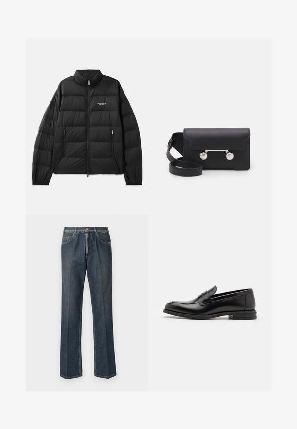 Must musta jope, millel on tikandiga muster, kõrge krae, täispikk tõmblukk ja kaks tõmblukuga taskut. Vasakul rinnal on logo.; Kreemivärvi kudumiga sviiter polo krae, sooniküttega varrukate ja äärega, ees klappi ja pehme tekstuuriga.; Tumedast sinised sirged teksapüksid, millel on ees nupp, tõmblukk, kaks eesmist taskut ja nähtavad vertikaalsed kortsud pükste jalgu pidi.; Mustad mustad nahast loafers sileda tekstuuriga, ümarat ninaosa ja dekoratiivne riba vampi üle. Madal kihiline konts, minimalistlik disain.; Must со хsaid crossover kottiga black nahka, mis on varustatud klapiga sulgemisega, hõbedased detailid ja kaks ümmargust aksessuaar. Omab eemaldatavat rihma. Sile tekstuur.