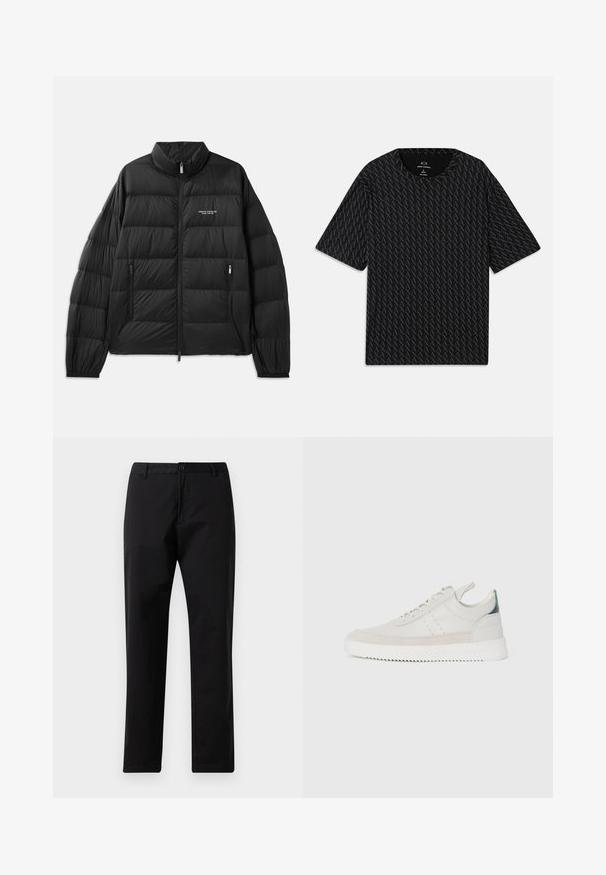 Svart pufferjakke med quiltet design, høy krage, hel frontglidelås og to glidelåslommer. Har logo på venstre bryst.; Svart T-skjorte med et teksturert mønster av wekslende 'A' logoer, korte ermer og rund hals. Laget av lett stoff.; Svarte rette bukser med knapp- og glidelås-lukking, beltehemper og frontlommer, vist på hvit bakgrunn.; Hvite lær sneakers med grå semsket skinndetaljer, snøring, bånd for å dra opp, og en teksturert gummisåle med en sikksakk-mønster.