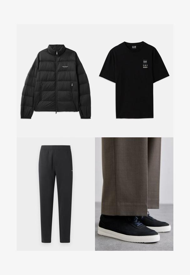 Casaco puffer preto com design acolchoado, gola alta, fecho frontal inteiro e dois bolsos com fecho. Apresenta o logótipo no lado esquerdo do peito.; T-shirt de algodão preto com mangas curtas, decote redondo e uma pequena etiqueta com logótipo na parte da frente, apresentando símbolos de cuidado em branco.; Calças de treino pretas feitas de tecido suave, com um cós elástico, pernas retas e um pequeno detalhe de logotipo de um lado.; Sapatilhas de camurça pretas com solas de borracha brancas, apresentando um bico arredondado e atacadores, usadas com calças cinzas ajustadas.