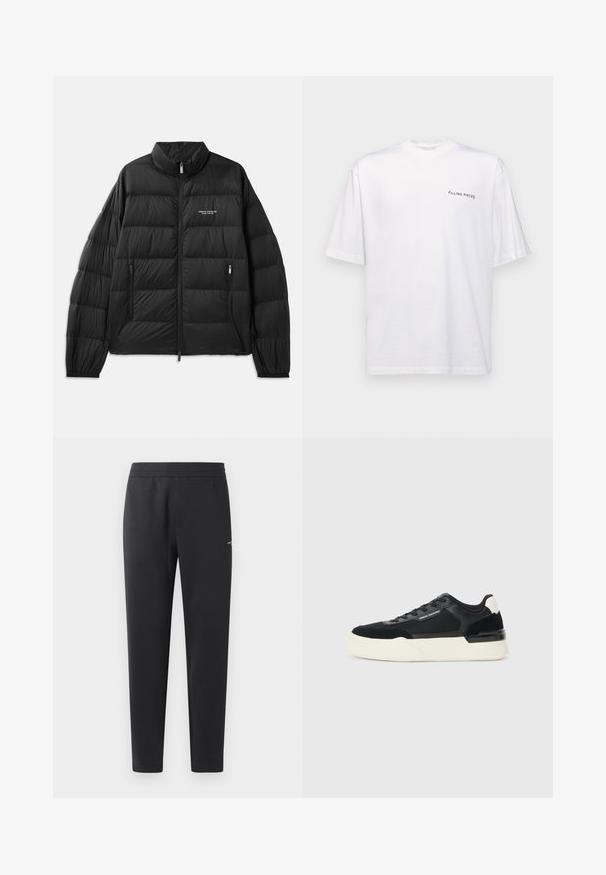 Juodas pūkinis švarkas su siuvinėtu dizainu, aukšta apykakle, visa priekinė užtrauktuku ir dviem užtrauktukais uždaromomis kišenėmis. Kairėje krūtinės pusėje yra logotipas.; Baltas trumpas rankovės marškinėliai iš medvilnės su v-kaklu, su juodu "FILLING PIECES" logotipu, spausdintu kairėje pusėje.; Juodos sportinės kelnės, pagamintos iš minkštos medžiagos, su elastinga juosmeniu, tiesiomis kojomis ir nedideliu logotipo akcentu šone.; Juodos sportinės bateliai, pagaminti iš tinklinės medžiagos ir odos, su storu baltu padu ir kontrastingais akcentais. Raišteliai ir logotipo detalės šone.