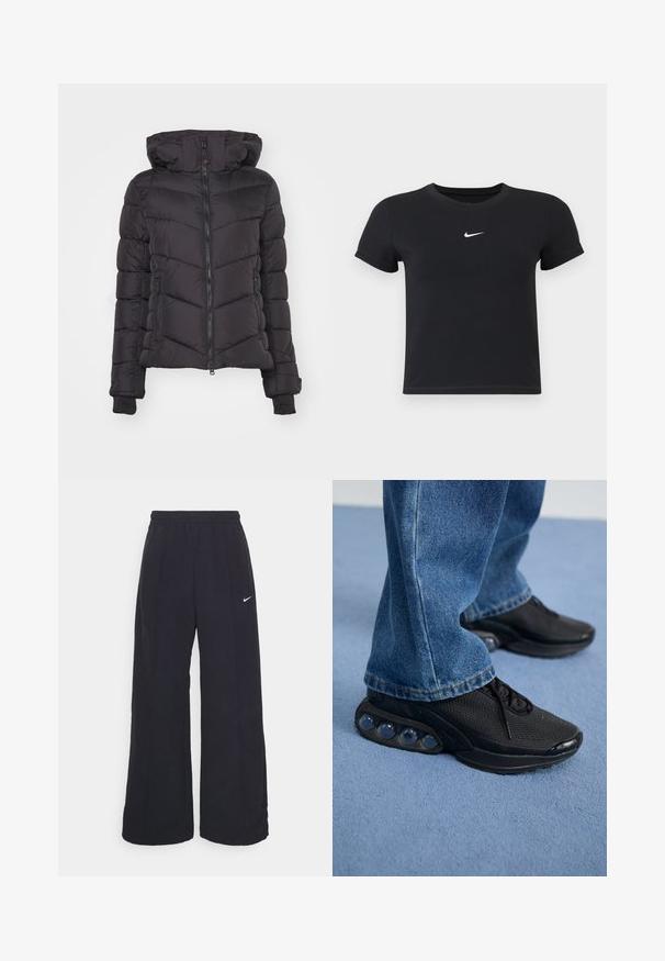Melnā pūkainā jaka ar kapuci, ar priekšējo rāvējslēdzēju, izšūtā dizainā ar horizontālām svītrām un ribotām aprocēm.; Melns īsām piedurknēm T-krekls no kokvilnas ar apaļu kakla izgriezumu. Ar balto Nike logotipu uz krūtīm, minimālisma dizains un pieguļošs siluets.; Melnas platās bikses ar elastīgu jostu un mazu baltu Nike logo. Audumam ir gluda tekstūra, kas paredzēta ērtībai un ikdienas valkāšanai.; Melnas sporta kedas ar sietu augšdaļu, teksturētām akcentiem un redzamajām gaisa amortizācijas podiem zolei. Valkātas ar zilu džinsu biksēm.