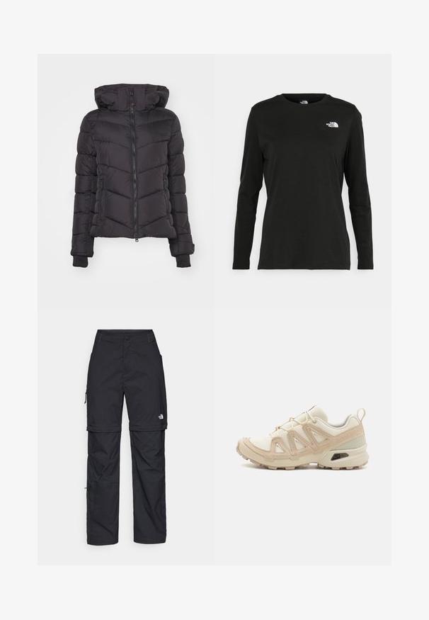 Black puffer jacket with a hood, featuring a zip front, a quilted design with horizontal stripes, and ribbed cuffs.; Black long-sleeve t-shirt made of cotton with a round neck. Features a small white logo on the left chest area. Simple design and fit.; Black nylon zip-off cargo trousers with adjustable cuffs, multiple pockets, and a logo on the right leg. Smooth, lightweight texture.; Beige and cream athletic shoe with textured mesh upper, supportive overlays, and rubber outsole featuring a tread pattern for traction.