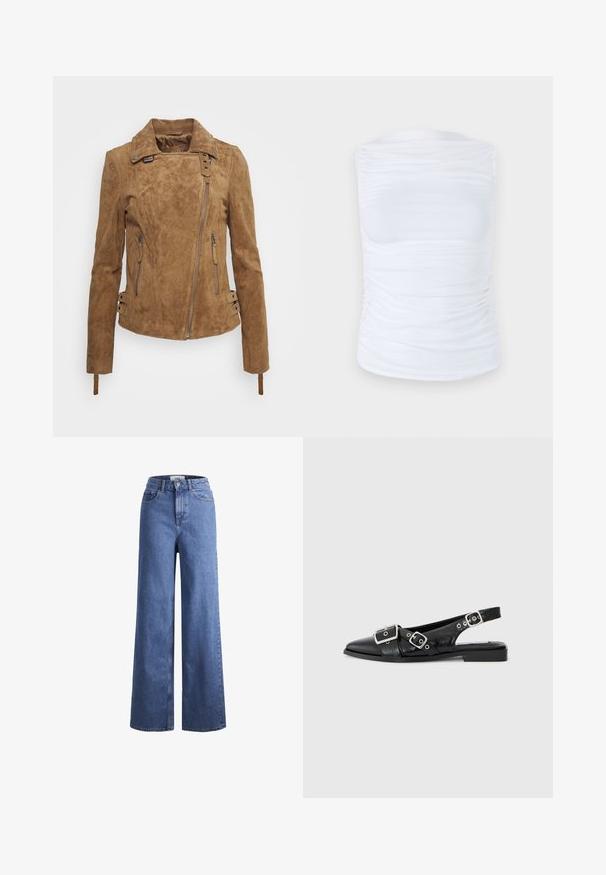 Hnědá semišová bunda s klasickým límečkem, se dvěma zipovými kapsami, šikmým předním zipem a nastavitelnými bočními popruhy, s měkkou texturou.; Bílý bezrukávový top vyrobený z hladkého, elastického materiálu s nabranými detaily po stranách, s kulatým výstřihem a těsným střihem.; Svetle modré denimové široké kalhoty s vysokým pasem, dvěma předními kapsami a viditelným švem. Obsahují knoflíkový a zipový uzávěr.; Černé kožené slingback boty s špičatou špičkou, dvěma stříbrnými sponami a nízkým blokovým podpatkem. Vyznačují se texturovaným svrškem a otevřenou zadní částí.