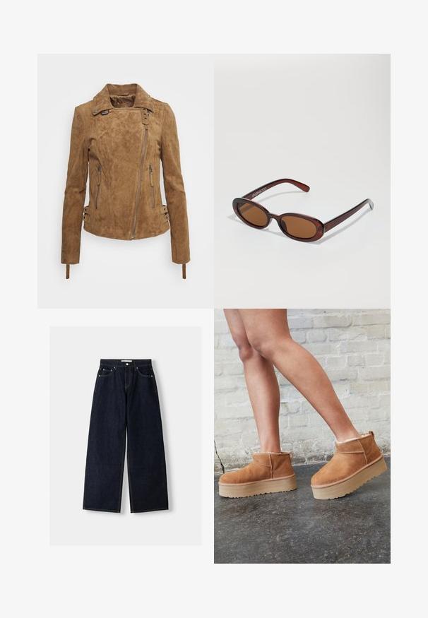 Giacca in camoscio marrone con design aderente, chiusura frontale con zip, tasche laterali e dettagli decorativi con fibbie sui polsini. Finitura testurizzata su tutta la superficie.; Maglietta nera a maniche corte con collo alto realizzata in tessuto a costine, caratterizzata da una vestibilità slim e un design con colletto alto. Motivo semplice e strutturato.; Jeans a gamba larga in denim blu scuro con vita alta, cinque tasche, cuciture a contrasto e hardware in metallo argentato. Texture liscia e finitura pulita.; Stivali alla caviglia in suede marrone con una fodera morbida, suola platform spessa beige e un'asola posteriore. Superficie testurizzata con dettagli di cucitura ben visibili.; Occhiali da sole rotondi con tonalità marrone, montatura lucida color bordeaux. Aste sottili con un sottile dettaglio del marchio. Design delle lenti piatte.