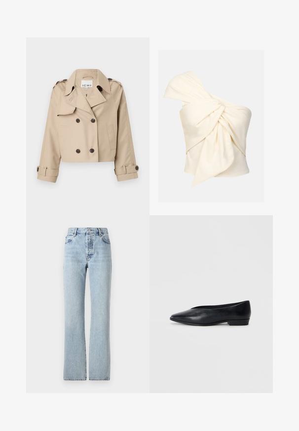 Beige kort trenchcoat med dobbeltspent knapper, stor krage og oppbrettede mansjettdetaljer. Laget av glatt, lett stoff.; En-skulder krem topp laget av glatt stoff, med en stor vridd knute detalj foran og en tettsittende passform.; Lys blå denimjeans med høy midje, rette ben, klassisk fem-lommers design og subtil falming gjennom hele.; Sorte skinn flate sko med spiss tå, lett hevet hæl og glatt overflate. Enkelt design uten synlig hardware eller mønstre.